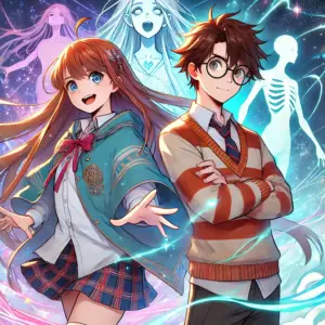 • 人物1: 自信に満ちた女子高校生。長い髪が流れるように描かれており、神秘的なオーラをまとっています。
• 人物2: メガネをかけた元気な男子高校生。特徴的で少しユーモラスな雰囲気。
• 背景: 超自然的な雰囲気を持つ未来的なデザイン。光るエネルギー波や遠くにかすかな幽霊のような姿が見える、アニメの冒険的な世界観を表現しています。