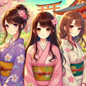 三姉妹が肩まできちんと覆われた和服やカジュアルな服装を着用しています。背景には日本の桜や伝統的な神社があり、穏やかで心温まる雰囲気を表現しました。