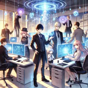 魔法と現代の企業環境を融合させたオフィスを背景に、登場人物たちがチームワークを発揮している様子を描いています。背景には大きな窓から見える幻想的な街並みも取り入れ、作品のテーマに合う魅力的な雰囲気を表現しました。