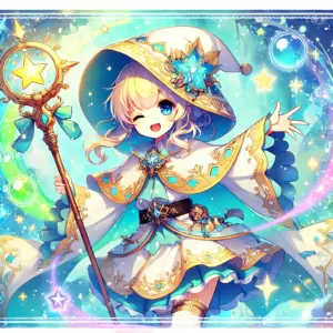 明るい配色でアニメ風の魔法使いキャラクターが描かれており、背景には魔法の森と輝くオーブが幻想的に配置されています。ストーリーやキャラクターの雰囲気に近くなるイメージ画像を生成しています。
