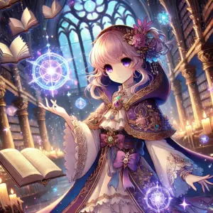 魔法のファンタジー設定の中にいる若い魔法使いが中心となっています。キャラクターは複雑なデザインのローブを着用し、片手に輝く魔法のオーブを持っています。背景には、浮かぶ本や光るロウソク、魔法のシンボルが漂う神秘的な図書館が描かれています。色調は紫、青、金色を基調としており、幻想的で不思議な雰囲気を演出しています。