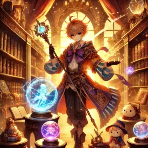 アニメらしいキャラクターを中心に、魔法的な装飾やグッズが並ぶファンタジーな雰囲気のストアを描いています。ストーリーやキャラクターの雰囲気に近くなるイメージ画像を生成しています。
