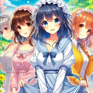 明るく楽しい雰囲気の屋外シーンに描かれています。この画像は、明るい色、人物を入れて、アニメや文章の雰囲気に合うようなイメージ画像を生成しています。