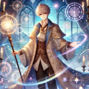 • キャラクター: アニメ風の男性魔法使い、細部までこだわったローブを着用。
• アイテム: 魔法の杖を手に持ち、神秘的な魔法エネルギーが渦巻いている。
• 背景: 浮遊する魔法のシンボルや光の粒子が漂う幻想的な風景。
• 雰囲気: ファンタジー感あふれる幻想的な世界観を表現。