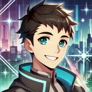 笑顔のアニメキャラクターが、未来的なサイバーパンクの都市を背景にした明るい雰囲気のイラストです。