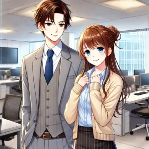 • 男性:スーツを着ており、親しみやすく落ち着いた表情をしています。
• 女性:上品で可愛らしい笑顔が特徴的です。
• 背景:明るいオフィス空間で、デスクや椅子が配置され、大きな窓から自然光が差し込んでいます。
• 雰囲気:ビジネスの場面でありながら、親しみやすく穏やかな交流が感じられる空気感を演出。