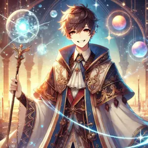 •  キャラクター: 笑顔の男性魔法使い（アニメ風）、詳細なローブを着用。
•  アイテム: 光る魔法の杖を持ち、魔法のエネルギーを放っている。
•  背景: 幻想的な光が漂う魔法の森、浮遊する魔法のシンボル。
•  雰囲気: 温かみのある色合いで、ワクワクする魔法の世界観を演出。

