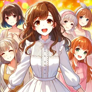 •  明るく元気な雰囲気のアニメ風イラスト。
•  笑顔の女性キャラクターが複数登場し、楽しそうな表情を見せている。
•  肩までしっかり覆われた服装で、体のラインが目立たないデザイン。
•  カラフルで温かみのある背景が、ロマンティックコメディの魅力を引き立てる。
•  爽やかで親しみやすいビジュアル。
