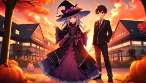 魔法少女と男子高校生が並んで立つ、アニメ『ウィッチウォッチ』を連想させる幻想的な学園ファンタジーシーンです。
魔法少女はひざが完全に隠れるロングスカートを着用し、大きなウィッチハットとマント、魔法の杖という定番の装い。
隣には制服姿の少年が穏やかな表情で立っており、背景には夕焼けの学園と紅葉が広がる、温かみと魔法感のある構図です。