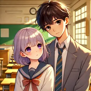 •  小柄で控えめな雰囲気の女の子（ラベンダー系の髪）が、クールな男子生徒とかなり近い距離で向き合うシーン
•  舞台は日本の学校の教室、午後のやわらかな日差しが差し込む中で、静かでコミカルな空気がただよう
•  表情は、女の子がちょっと照れくさくて好奇心いっぱい、男の子は少し驚きつつも穏やか
